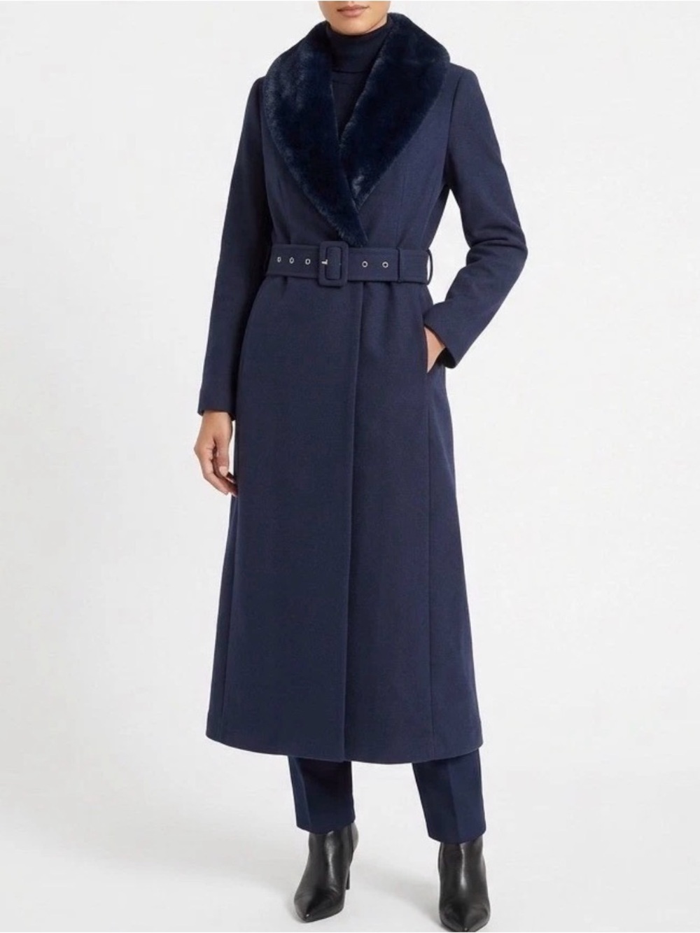 Naked wardrobe statement fur trim long coat with belt small